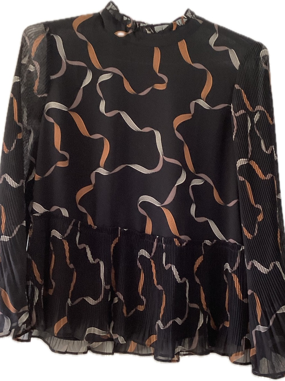 Ann Taylor Black Floral Ribbon-Print Pleated Blouse
